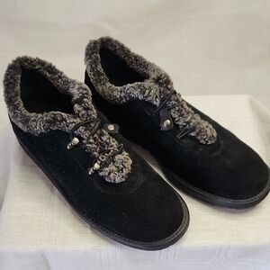 Stuart Weitzman Black and Gray Suede Mules with Fuzzy Lining